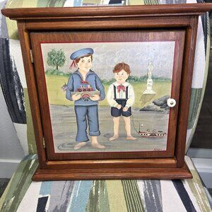 Vtg Oak Wood Medicine Cabinet Hand Painted Primitive Spice Rack Shelves Signed